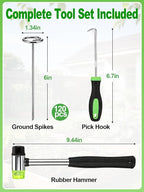 6 Inch Landscape Staples with Hook & Hammer - 120pcs Circle Top Weed Barrier Stakes Kit, 9 Gauge Galvanized Rust-Resistant Garden Fabric Pins, for SOD, Garden Edging, Install & Remove Tools Included