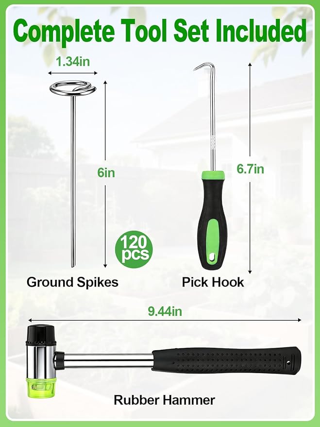 6 Inch Landscape Staples with Hook & Hammer - 120pcs Circle Top Weed Barrier Stakes Kit, 9 Gauge Galvanized Rust-Resistant Garden Fabric Pins, for SOD, Garden Edging, Install & Remove Tools Included