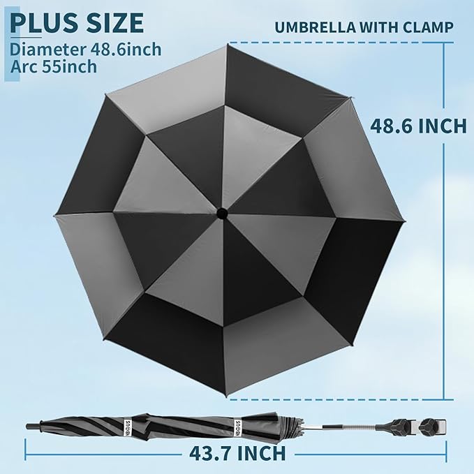 48.6" Double Canopy Beach Umbrella with Clamp, UPF50+ Beach Chair Umbrella with clip, 360°Adjustable Portable Outdoor Wheelchair, Patio, Golf Carts,Camping(Grey/Black)