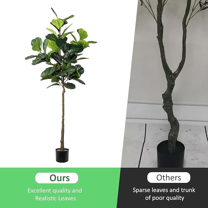 Artificial Fiddle Leaf Fig Tree, 6FT Faux Ficus Lyrata Plant Tall Fake Tree for Home Decor Artificial Tree for Indoor Office Living Room (Fiddle Leaf Fig Tree, 6 FT)