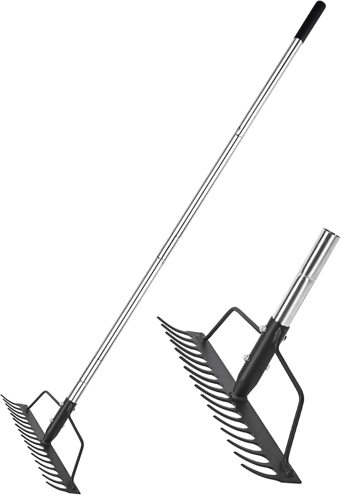 BARAYSTUS 15 Inch Wide Bow Rake, 16 Steel Tines Metal Head Rake Tool with Stainless Steel Handle, Adjustable Long Handle Garden Rake for Loosening Soil Leveling Mulch Gathering Lawns Leaves