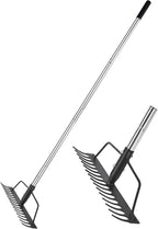 BARAYSTUS 15 Inch Wide Bow Rake, 16 Steel Tines Metal Head Rake Tool with Stainless Steel Handle, Adjustable Long Handle Garden Rake for Loosening Soil Leveling Mulch Gathering Lawns Leaves