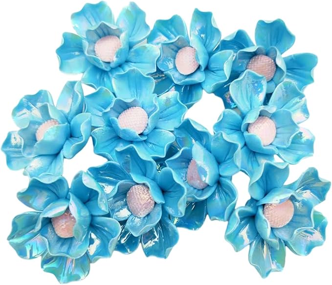 10 PCS 3D Flower Ceramic Tiles,1.6" Handmade Procelain Ceramic Flowers for Artwork,Fish Tank,Vases,Living Room, Dining Table,Office, Home Floral Decor (Double-Flowered Iridescent Blue)