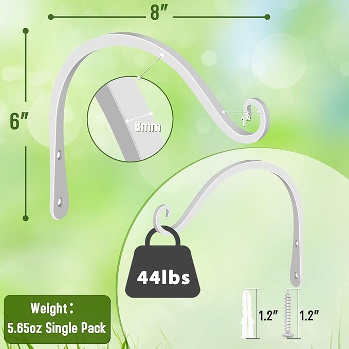 FEED GARDEN Heavy Duty Plant Hooks - 2 Pack 8 Inch Wall Mounted Hanging Brackets, 44lb Capacity Steel Plant Hangers for Bird Feeders, Baskets, Wind Chimes -White