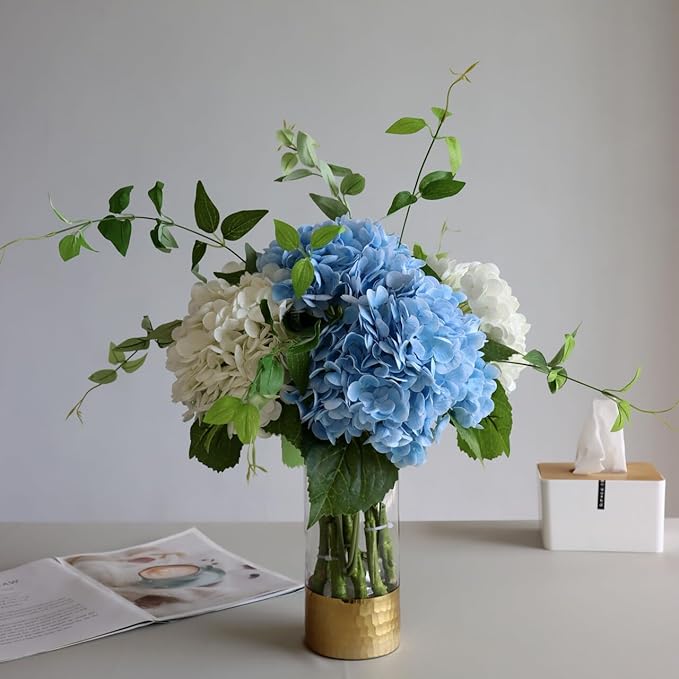 Buart 4PCS Long Stem Big Size Blue Flowers Artificial Silk Hydrangea Lifelike Flowers Real Touch Blue Artificial Flowers Wedding Shower Bride Bouquets Office Living Room Table Decorations (21 Inch)