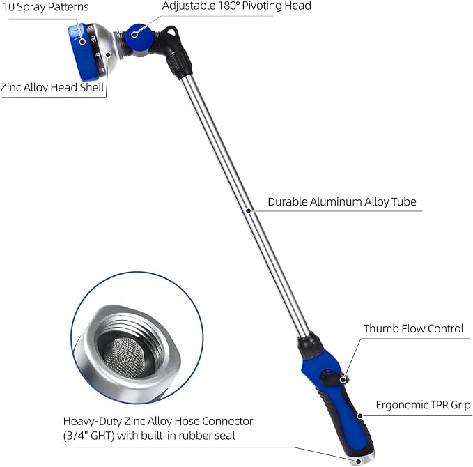 Watering Wand for Garden Hose, 24 Inch, Heavy Duty, 10 Spray Patterns, Thumb Control Hose Nozzle with 180° Pivoting Head, Ideal for Hanging Baskets, Plants and Shrubs