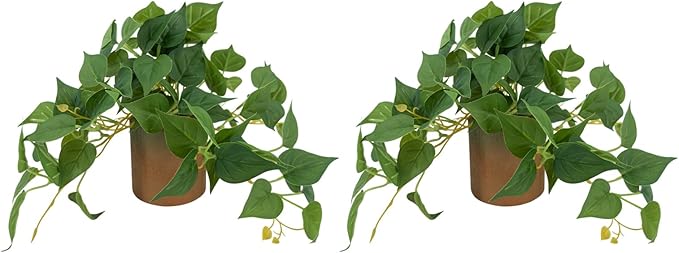 Artificial Plant Indoor Fake Pothos with Pulp Pot, Faux Potted Plant for Home, Office, Desk, Shelf, Living Room, Bedroom & Balcony Decor, 10x10cm, 2 Pack