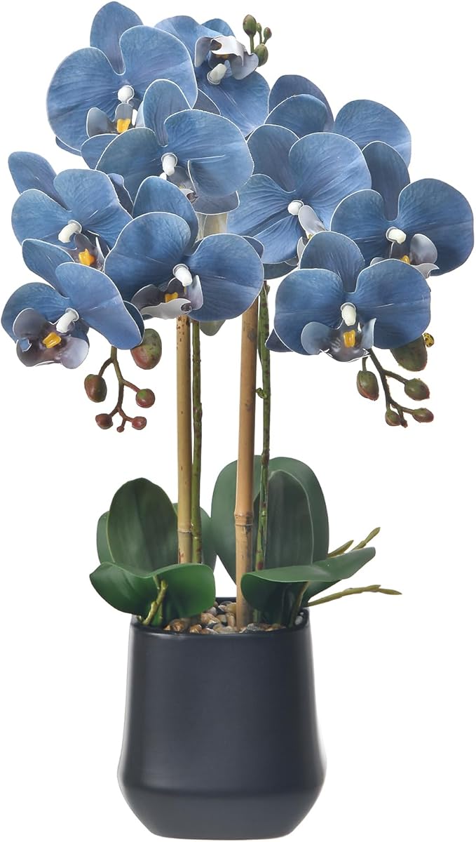 Orchids Artificial Plant in Ceramic Pot 18.5" Faux Orchid Phalaenopsis Flowers Arrangement for Home Office Table Centerpiece Indoor Decor, Dusty Blue