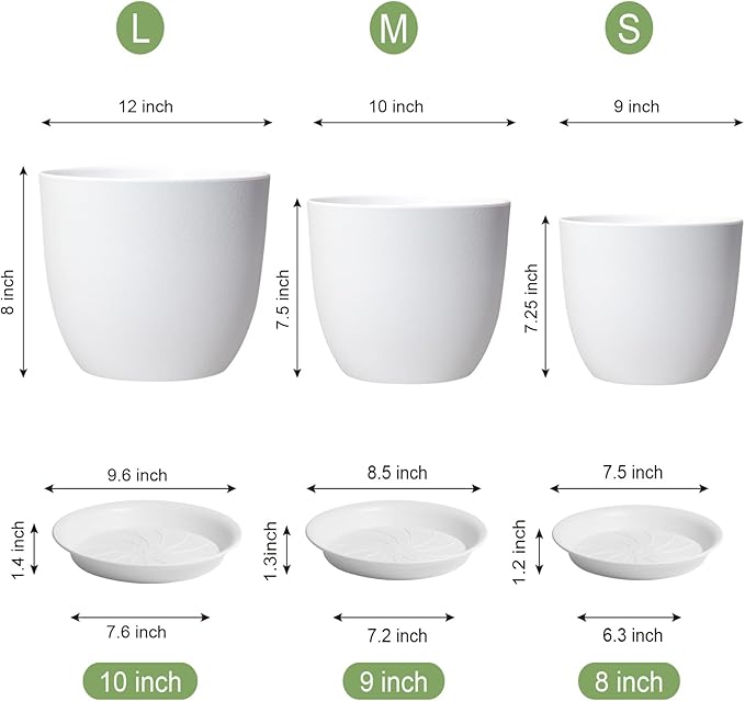 UOUZ 12/10/9 Large Plant Pots, Plastic Planters with Drainage Holes and Saucers for Indoor Outdoor Plants Flowers, White
