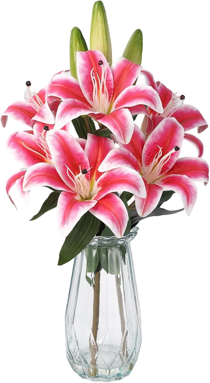 GarveeLife Artificial Tiger Lily Flowers with Vase, Real Touch Easter Lily Faux Flowers for Home Table Centerpieces Wedding Baby Shower Birthday Party Decoration, UV Resistant, 3 Stems with 6 Flowers