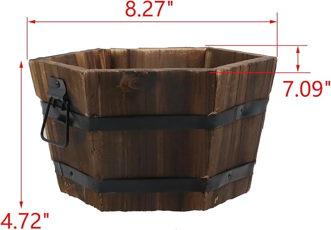 MY MIRONEY Wooden Barrel Planter Vintage Style Wood Bucket Rustic Garden Flower Plant Pots Container with Metal Handles, Hexagonal, 8.27" x 4.72"