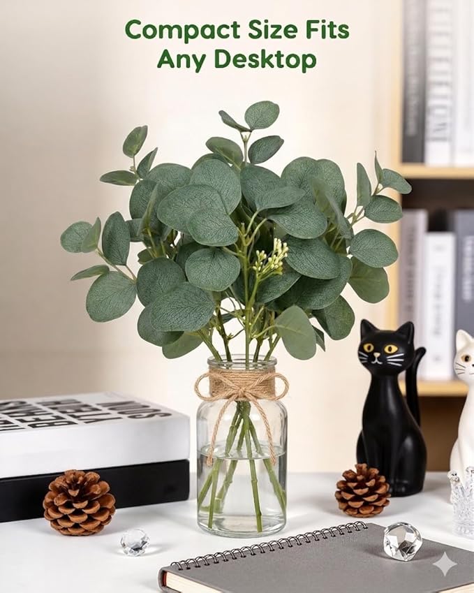 Velener Faux Eucalyptus Stems in Vase with Faux Water, Fake Plants Indoor Artificial Eucalyptus Plant for Home Decor, Kitchen Bathroom Farmhouse Living Room Coffee Table Centerpieces for Tables Green