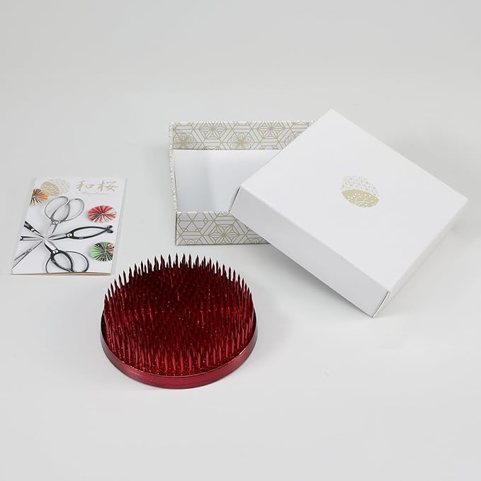 Wazakura Ikebana Color Kenzan - Japanese Flower Holder, Made in Japan, Floral Arranging Pin Frog, Round (Red - 80mm)
