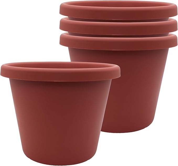 The HC Companies 7 Inch Classic Round Planter Pots with Drainage, Rolled Rim Plastic Planters for Indoor & Outdoor Plants, 4-Pack Decorative Flower Pots for Garden, Office & Home Decor, Clay