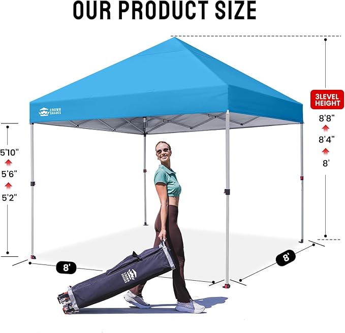 CROWN SHADES 8x8 Pop Up Canopy, Patented Center Lock One Push Instant Popup Outdoor Canopy Tent, Newly Designed Storage Bag, 8 Stakes, 4 Ropes, Silver-Coated Sky Blue