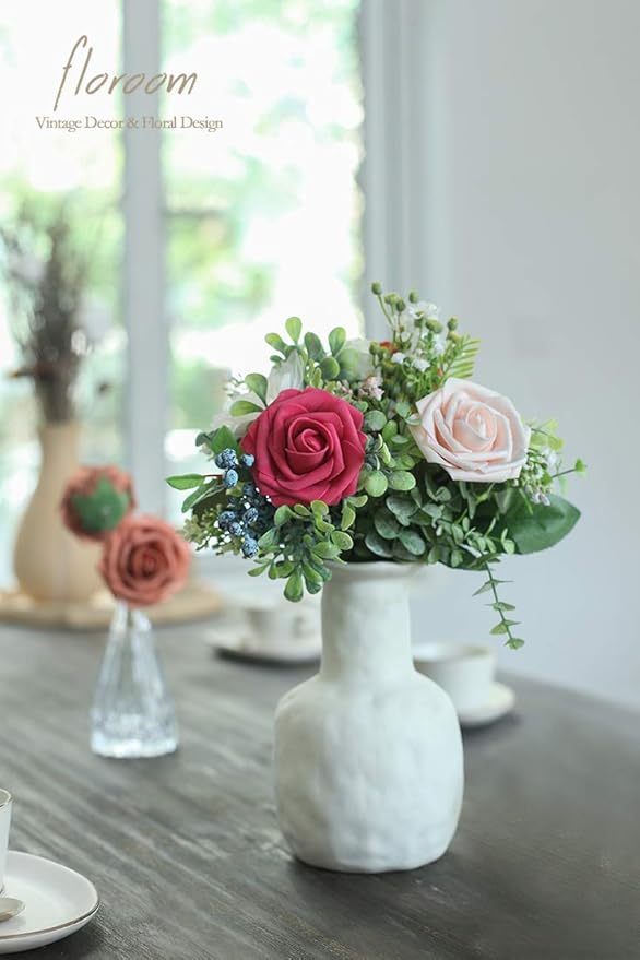 Floroom Artificial Flowers 50pcs Real Looking Fuchsia Foam Fake Roses with Stems for DIY Wedding Bouquets Bridal Shower Centerpieces Floral Arrangements Party Tables Home Decorations
