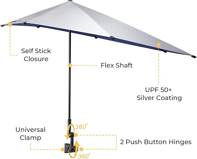 G4Free UPF 50+ Adjustable Beach Umbrella XL with Universal Clamp for Chair Stroller Wheelchair Golf Cart Bleacher Patio