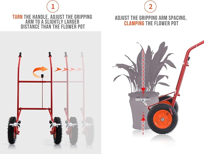 Garden Pot Mover with Adjustable Grip Arm - Potted Plant Mover with Flat-Free Dolly Wheel - Complete with Assembly Tool, Max 440 Lbs Weight Capacity