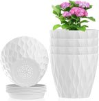 Meowell 6 inch Flower Pots, 5 Pack Plant Pots for Indoor Outdoor Plants, Water Ripples Plastic Planters with Drainage Holes and Saucers, Nursery Pots for Small Succulent Garden House Plants, White