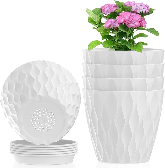 Meowell 6 inch Flower Pots, 5 Pack Plant Pots for Indoor Outdoor Plants, Water Ripples Plastic Planters with Drainage Holes and Saucers, Nursery Pots for Small Succulent Garden House Plants, White