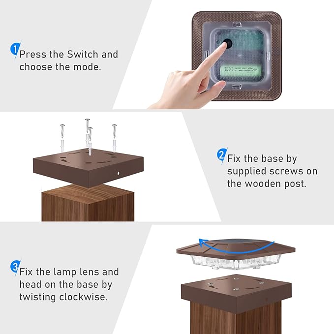 Peasur 12 Packs 4x4 Solar Post Cap Lights with 3 Lighting Modes, Brown Fence Caps Light Fits 4×4/3.5×3.5 Wood/Vinyl Posts, Waterproof Outdoor Post Top Lighting for Deck Mailbox Porch Railing