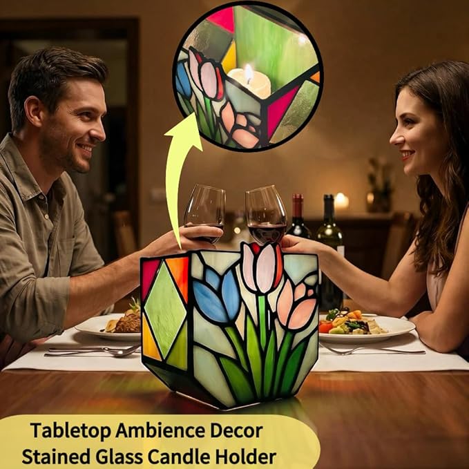 Handmade Stained Glass Tulip Planter,Tiffany Style Decorative Flower Pot for Indoor Plants,Vintage Floral Design Tabletop Plant Container, Ideal Gift for Plant Lovers and Gardeners
