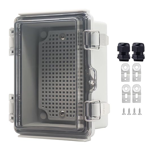 Waterproof Junction Box, ABS Plastic Electrical Box with Stainless Steel Latch, Hinged Cover Electric Project Enclosure Box with Mounting Plate, Wall Brackets & Cable Gland 5.9"x3.9"x2.8"