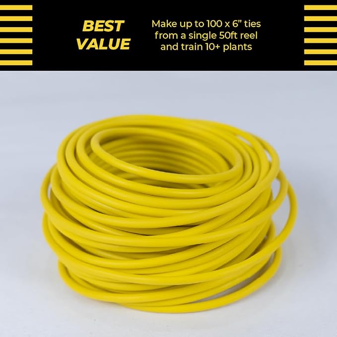 BudHuggers (Yellow) for Optimal Plant Training | 50ft (15M) | 3mm Thick Garden Wire Ties | Flexible & Durable | Rubber Plant Ties to Yield Bigger Buds, Stronger Branches & Larger Canopies