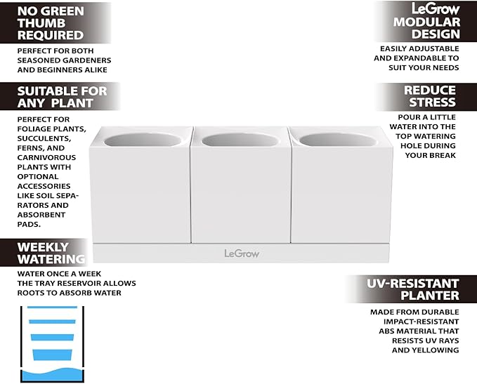 LeGrow Smart Garden Indoor Planter Starter Kit - 3 Patented Design Plant Pots,1 Water Holding Base Tray - (Plants Not Included)
