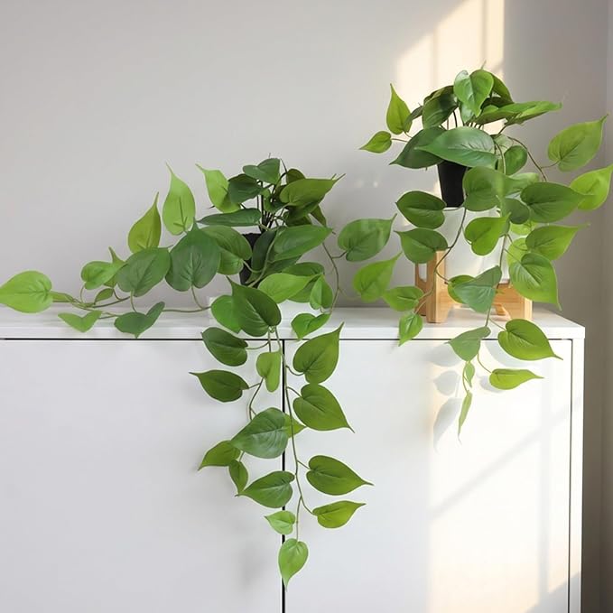 Artificial Pothos Hanging Plants 2 Pack with Pots, Realistic Fake Hanging Plants Indoor, Faux Greenery Vines for Shelf, Bathroom, Living Room, Office Decor
