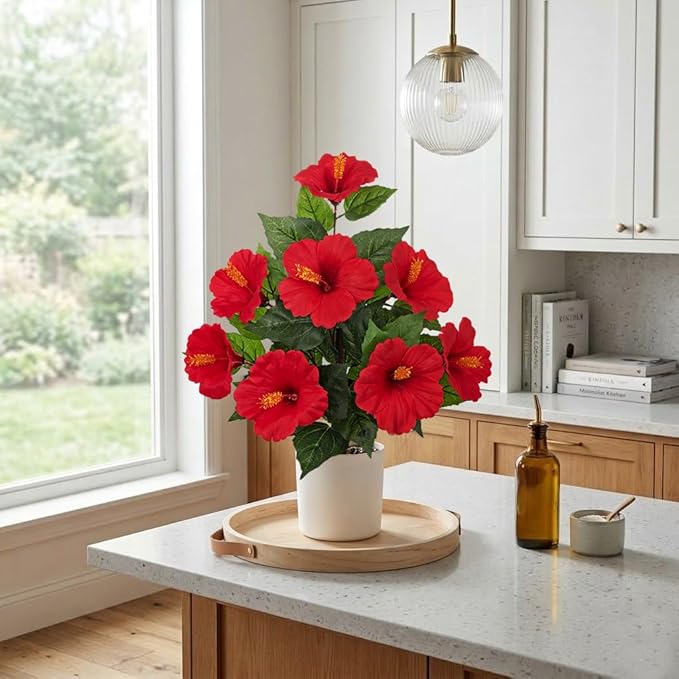 Briful Artificial Hibiscus Potted Plant 20.8” Tall, Realistic Silk Hibiscus Flowers Farmhouse Table Decor, Faux Tropical Flower Plant in Pot for Living Room Table, Entryway, Office, Home Decor, Red