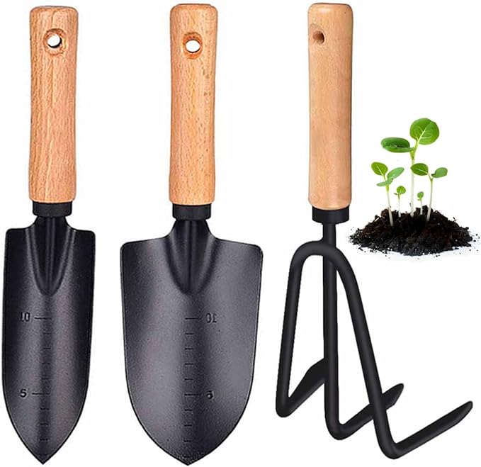 3 Pieces Garden Tools Set-Garden Rake Trowel, Gardening Tools with Wood Handle,Iron Crafts Gardening Work Kit with Solid Wood Ergonomic Handle Tools Succulent Gift Set Outdoor Gardening Tools(Black)