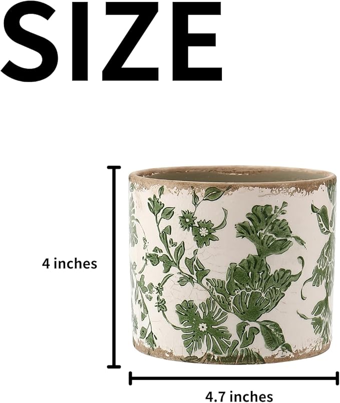 Set of 2 Vintage Ceramic Planters with Drainage Hole, Indoor Flower Pots for Outdoor Garden, Plant Vases, Green Tuscan Planter Set for Home, Gardening, Christmas Decor
