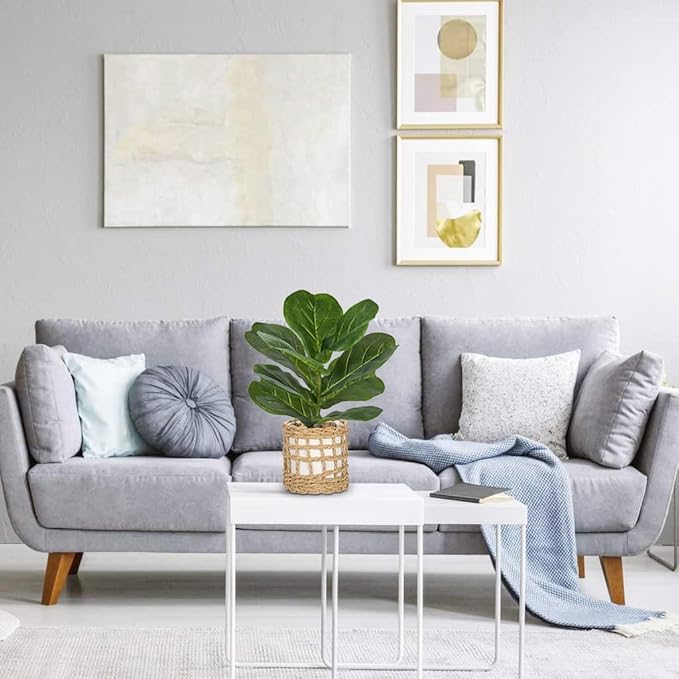 Briful Fake Plants Potted Plant Artificial Realistic Houseplant in White Ceramic Vase Wrapped Woven Pot, Fiddle Leaf Fig Faux Plant Indoor for Home Farmhouse Wedding Tabletop Shelf Decor