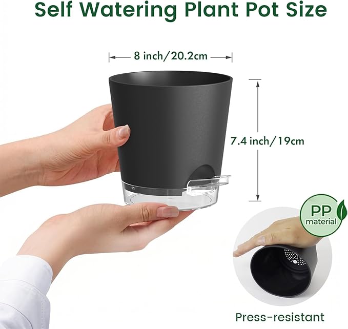 Meowell 8 inch Self Watering Pots for Indoor Outdoor Plants, 2 Pack Flower Plant Pots with Drainage Holes & Clear Reservoir for Visible Water Level, Plastic Wicking Planters for House Plants, Black