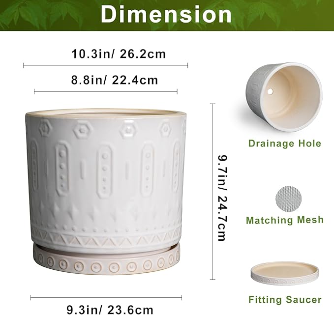 Ceramic Planter Pot - 10 Inch Plant Pot for Indoor Outdoor Plants Round Large Flower Pot with Drainage Holes and Saucer for Home Garden Patio Decor White