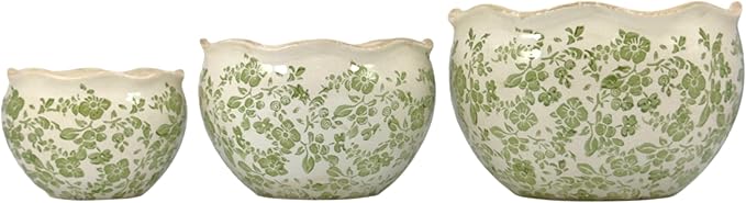 Galt International Ceramic Plant Pots Set of 3 Rustic Vintage Farmhouse Cream Crackle Glaze (11"/ 9.6"/ 7") Garden Indoor Outdoor Flower Planter w/Drainage Hole (Vintage Green)