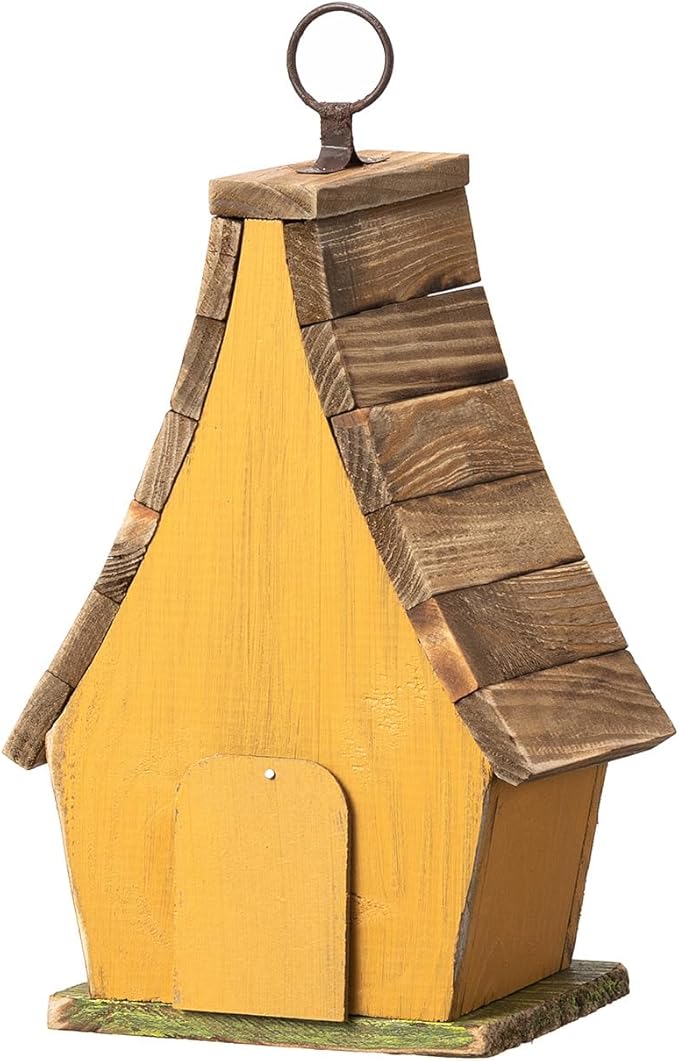 Glitzhome Bird Houses for Outside, Bluebird Houses for Outdoors, 9.5"H Hanging Bird House Decorative Solid Wood Birdhouse with Natural Wood Pallet Roof for Hummingbird,Sparrow,Wren Finch,Washed Yellow