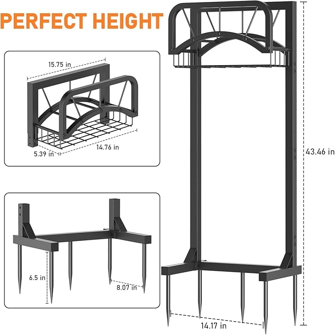 Garden Hose Holder, Upgraded Heavy Duty Freestanding Water Hose Holder Stand with Storage Basket, Holds Up to 160 FT Hose, Perfect for Outside Yard Lawn Farm, Black