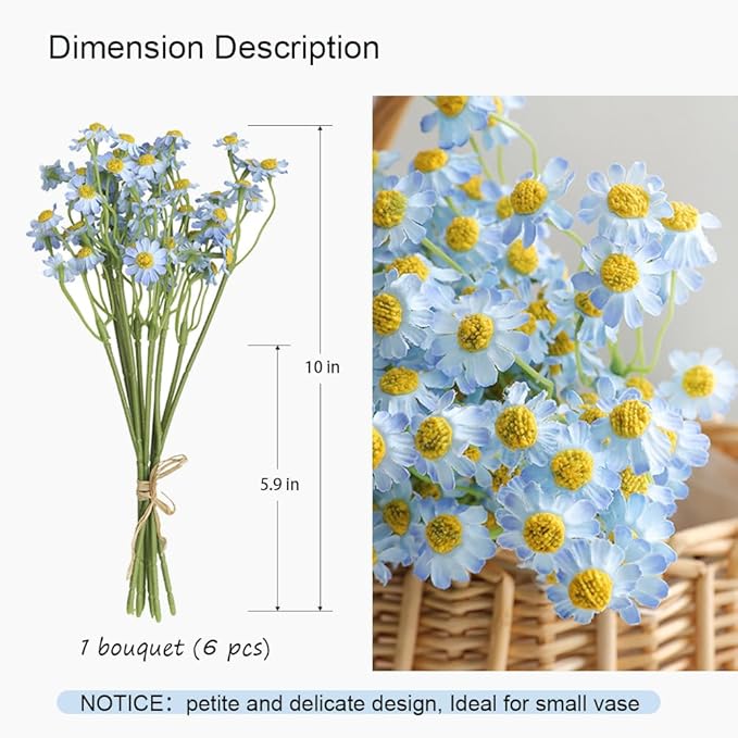 Small Artificial Blue Daisy Flowers - 2 Bouquets (12 Stems), 10 Inch Fake Daisies for Spring Home Decor, Wedding, Party, Table Centerpiece (Vase Not Included)