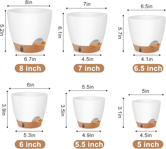 QRRICA Plant Pots 8/7/6.5/6/5.5/5 Inch Self Watering Pots, with Drainage Holes and Saucers,Water Level Indicator & Deep Reservoir,Large Plastic Planter for Indoor Out Door Plants (White)