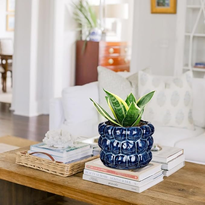 7.5 Inch Ceramic Planter Pot for Indoor Plants with Drainage Hole Bubble Flower Planter Hobnail Plant Pot Garden Planter Blue Succulent Plant Pot Utensil Holder
