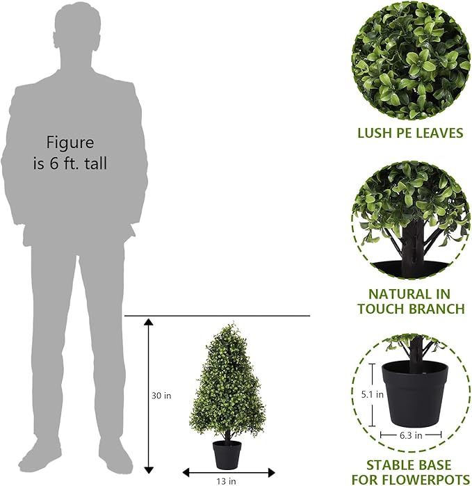 30" Artificial Boxwood Topiary Trees Outdoor Set of 2 - UV Resistant Faux Plants for Front Porch Outside Planter, Realistic Fake Cone-Shaped Bushes & Shrubs 2.5ft
