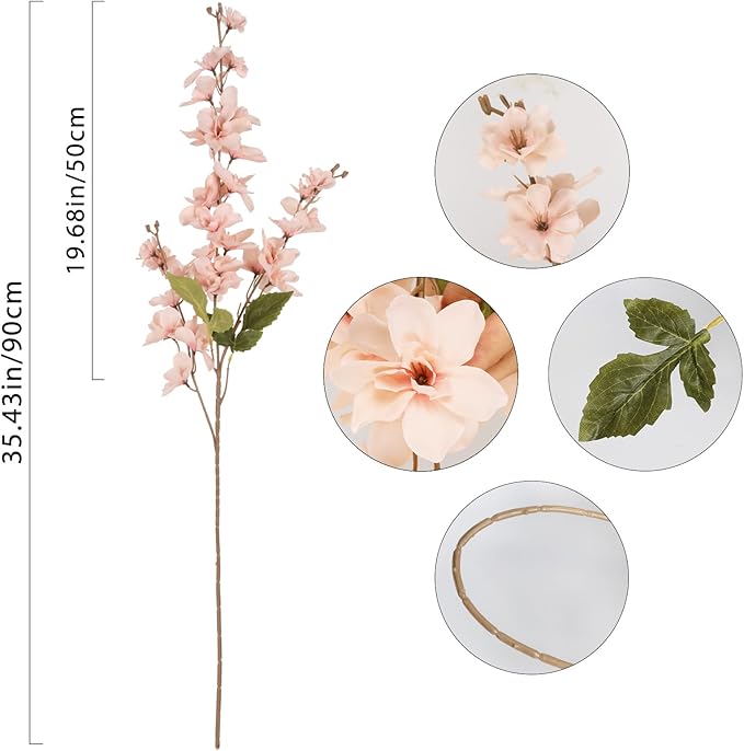 6PCS Silk Delphinium Artificial Flower Lifelike Silk Larkspur Flowers Plant 35.43" Long Stem Blossoms Fake Flowers for Tall Vase Floral Arrangements Home Table Wedding Decor(Champagne Pink)