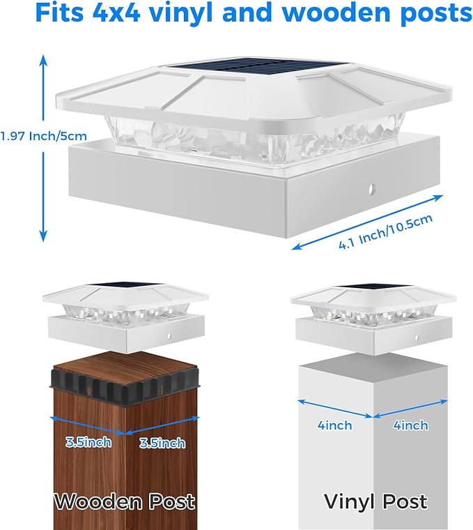 Peasur 4x4 Solar Post Cap Lights Outdoor with 3 Modes, 8 Packs White Fence Light Solar Powered Waterproof, Wood/Vinyl Post Caps for Deck Yard Garden Patio Porch Outside