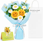 Crochet Flower Bouquet Handmade Knitted Sunflower Artificial Bouquet Positive Crocheted Sunflowers Bouquet with Exquisite Wrap for Valentine Mother's Day Graduation Anniversary（Blue）