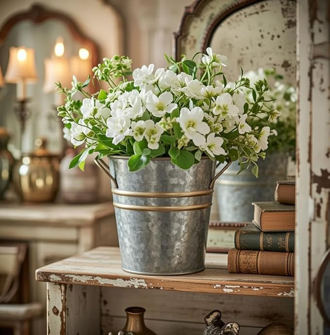 Hosley Set of 3 Zinc Finish Bucket/Pots with PVC Liner 5" Dia x 5" H, Ideal Gift for Floral Arrangements Wedding Home Office Party DIY Indoor Outdoor Garden Patio