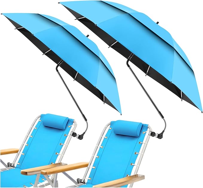 2 Pack 48.6" Double Canopy Umbrella with Clamp, UPF50+ Beach Chair Umbrella with clip, 360°Adjustable Portable Outdoor Shade, Patio Chairs, Golf Carts,Camping(Not Include Chair)