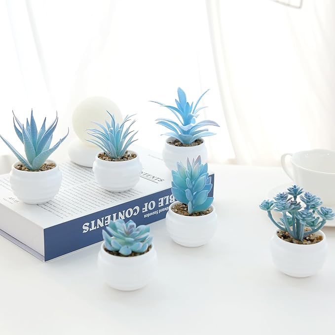 GREENTIME 6 Pcs Blue Artificial Succulent Plants in Mini White Plastic Pots Small Fake Succulent Plant Faux Indoor Decor Bedroom Desk Bathroom Office Living Room Table Shelf Home Decoration