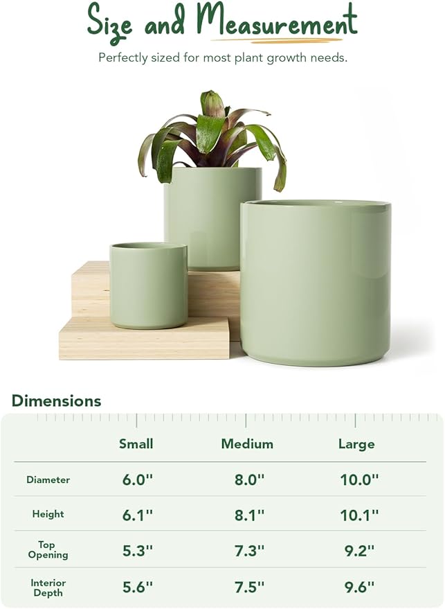 LE TAUCI Ceramic Pots for Plants, 10/8/6 Inch Indoor Planters with Draiange Hole, Silicone Plug & Mesh Pad, Modern Minimalist Pots for Home Office, Set of 3, Glossy, Sage Green